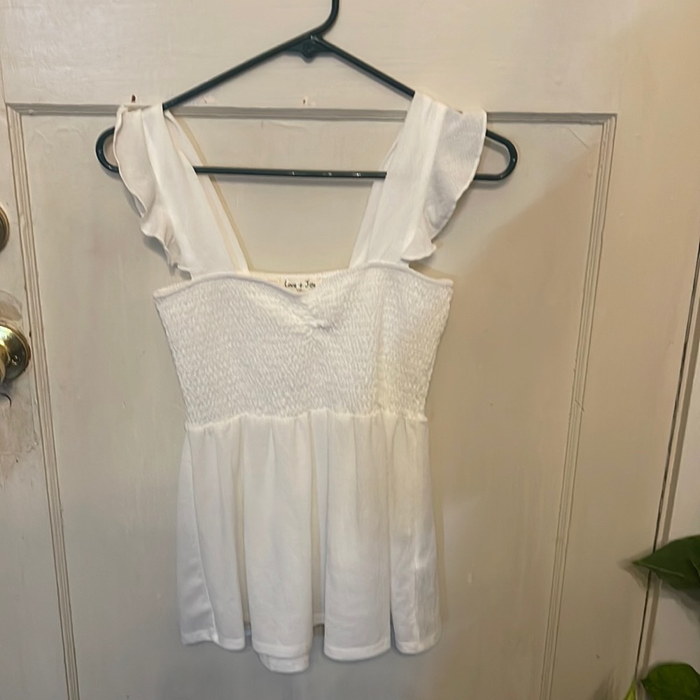 Love + Joy white ruffles strap semi sheer tank top-Med